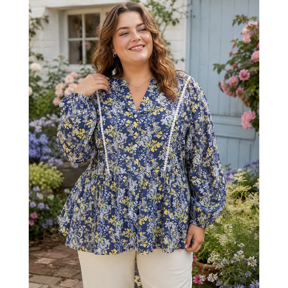 511. Boho NY Collection Woman Floral Babydoll Tunic Top Blue Yellow Pom Trim 1X